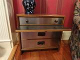 3 - drawer side cabinet with pull out shelf.  Metallic drawer fronts & Paldao wood veneers