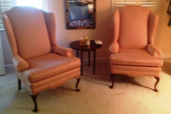 2 Satan Striped Upholstered Peach Color Queen Anne Chairs