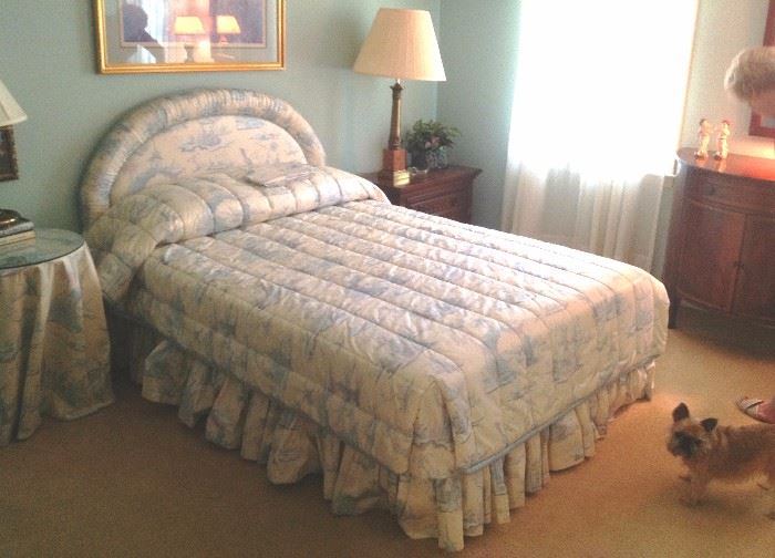 FULL SIZE BED (Mattress, Box Springs, Frame & Headboard) Custom made BEDSET includes Comforter, Bed skirt, Table skirt, 2 single Window Valances, Fitted/Flat Sheets w/Ppillow Cases