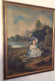 Hand painted oil on canvas by artist Lewis Vaslet (1742-1808) 5 yr old Miss Heathcote sitting in a meadow in the city of Bath in the background. Framed in period gold leaf and canvas measures 24" x 30" $5000