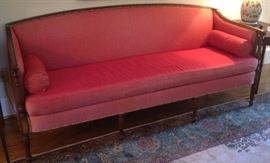 Raspberry Color Sheraton Sofa, by Hickory Chair from Rich's Jamestown Plantation Collection, Greek Key Upholstered pattern, Satan woven material, roll pillows, hooks & straps L77" x h31" (arms 28", back 23" from seat bottom, 19" to seat)