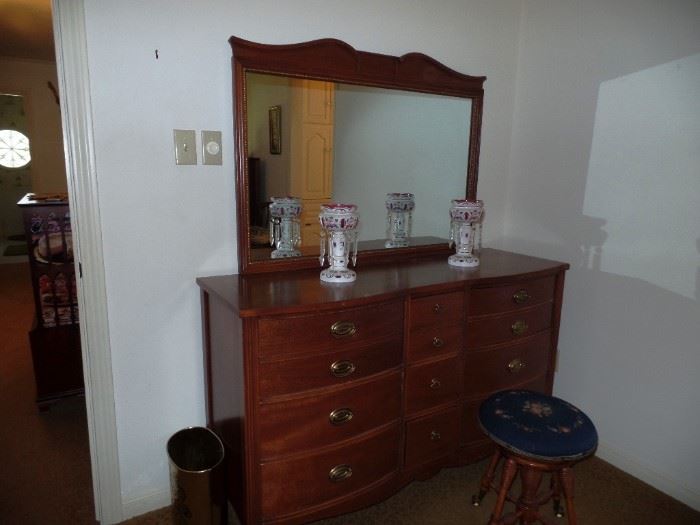 Vintage Drexel Chest with Mirror and Piano Stool 