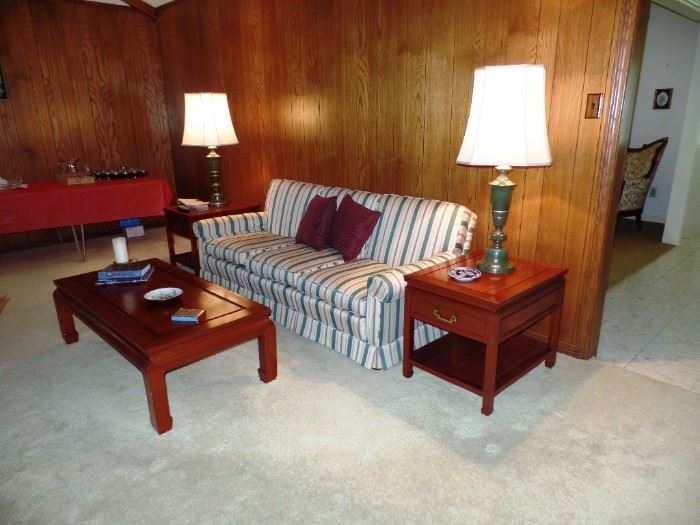 A peak into the Family Room with Rosewood Tables, Mid-century Sofa and awesome Moosgreen Tin Lamps