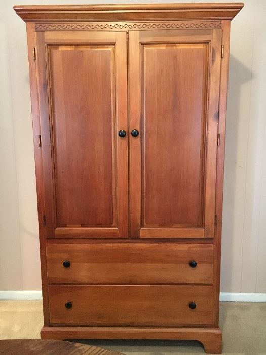 Contemporary pine bedroom furniture--armoire (entertainment or clothing), chest of drawers, cedar chest and night stand.