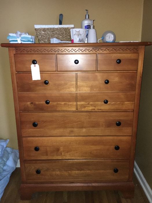 Contemporary pine bedroom furniture--armoire (entertainment or clothing), chest of drawers, cedar chest and night stand.
