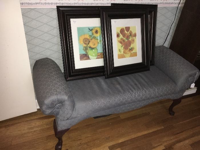 Upholstered bench and trio of Van Gogh prints.