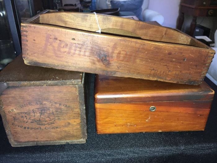 Assorted antique wooden boxes--Remington, Lane cedar jewelry box, Genuine Armstrong Stock and Dies, Bridgeport, Conn.