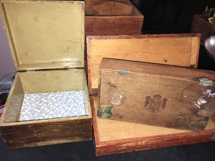 Assorted antique boxes.