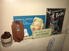 Assorted reproduction signs, Coca Cola bottle opener.