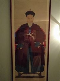 This is really an extraordinary pair of Chinese scroll ancestral portraits. These were purchased in Hong Kong and the story is, that these type of portraits are painted after the person is deceased.                                           They are not cheap. We'll call him Wang Lung.                                          They measure over 4' long. 