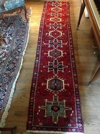 Love this pairing of an 75-year old room size Heriz, with a Karacheh Heriz runner. It is hand-woven, 100% wool the colors are vibrant, condition very good, with even pile; measures 2' 4 x 10' 6".