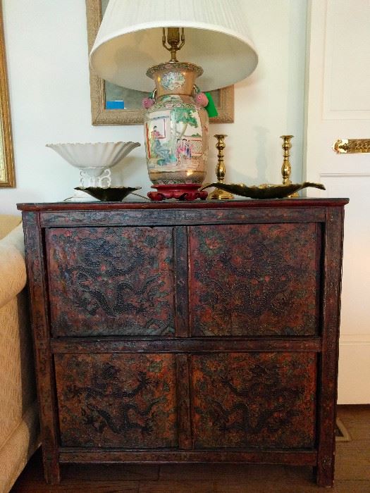 Vintage wooden Asian chest, w/carved front panel, one of a pair of beautiful porcelain Asian lamps, collection of Virginia Metalcrafters leaves, Baldwin brass candlesticks, vintage Lenox compote.