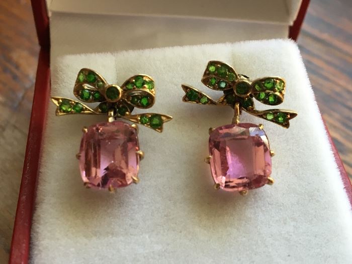 Very rare Circa. 1900 Russian horse tail demantoid & pink Tourmaline Earrings.  Tourmalines approx. 1 ct each. Bow style post back
