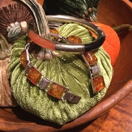 Vintage Jade & Amber Bracelets, Gold & Sterling