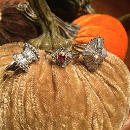 Vintage Diamond & 14k white Gold Bow Baguette Ring, 4 carat Diamond ballerina ring with baguettes & marquise center/platinum setting
