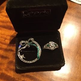 Art Deco Emerald & Diamond Ring & Brooch both are platinum setting, ring has French cut diamonds.
