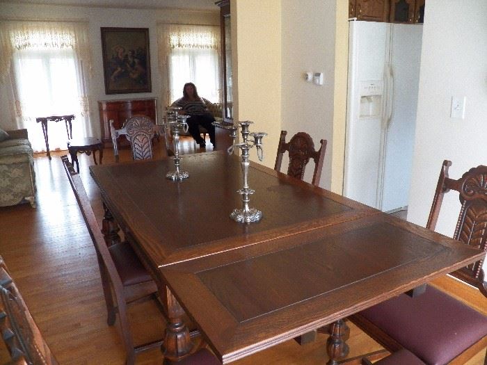 Spanish Revival Style Dining Room Table w/6 Chairs;    2 leaves tuck away into the table