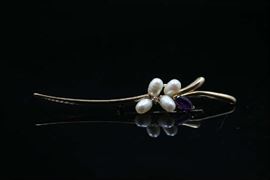 14K Gold Amethyst and Pearl Brooch
