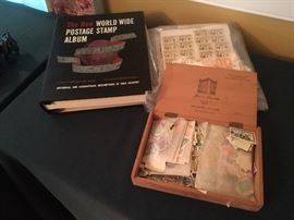 Assorted stamps, many used, album is empty, but has some loose pages in back with stamps, perhaps from a different album