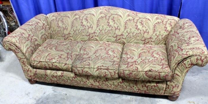Paisley Print Upholstered Camel Back Sofa, Approximately 7'