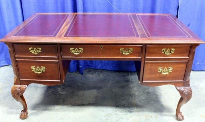 Sligh Chippendale Style Ball & Claw Foot Executive Desk with Leather Top, 58"W x 30"H x 30"D