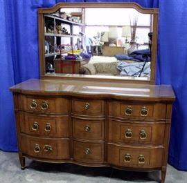 Serpentine Front Dresser with Mirror and Glass Topper, Dovetail Constructed Drawers, 58"W x 34"H x 19"D