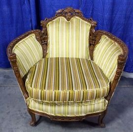 Antique Ornately Carved Wood Frame Parlor Chair with Pinstripe Upholstery, 38"W x 36"H