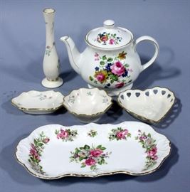 Sadler of England Floral Teapot, Lenox Rose Manor Bud Vase and Trinket Dishes, Lenox Heart Dish and Old Foley James Kent "Harmony Rose" Tray, 11.5"