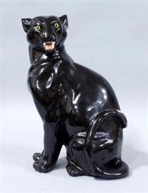 Ceramic Black Panther Statue, Glass Eyes, 21"T