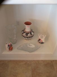 Native American pottery and French cut glass vase and console bowl.