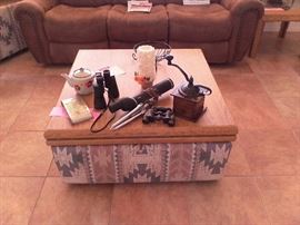 Oak and fabric occasional table.