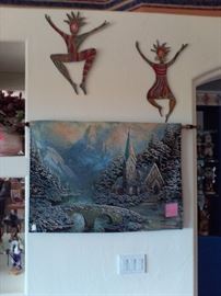 Metal wall art figures & tapestry.