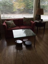 Sofa, Glass Top TAble, Shaker Boxes 