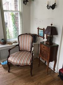 French Arm Chair, French style Chest, Tole Lamp 