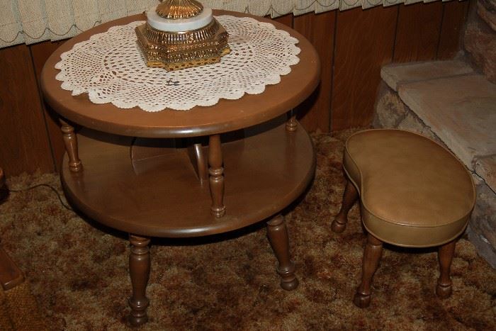 Pair of vintage maple two tier round Early American Country end tables. $45 each