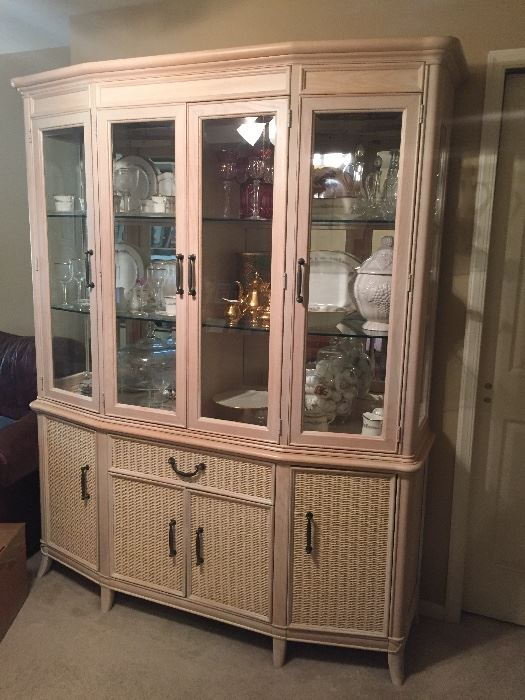 Breakfront 2 piece set  mirrored and lighted with large storage cabinet area on bottom. 80 by 60 by 16. Beautiful piece of furniture 