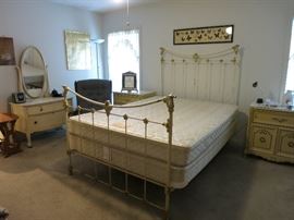 Queen Size Iron Bed, Vintage Night Stand And Dresser, Beautiful Butterflies Displayed In Frame