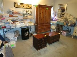 Thomasville Linen Press Cabinet, 4 Drawer "Spool' Cabinet, Lane Record Cabinet, Vintage Black Metal Floral Laundry Hamper, Linens!