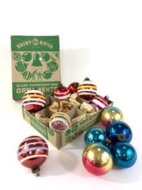 Lot of 12 Shiny Brite ornaments. Multi colored hand painted mercury glass. Normal wear consistent with age and use.