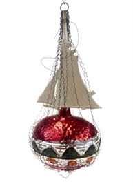Antique Dresden, red, wire wrapped ship handmade out of  mercury glass ornament. 5.5 inches tall. Estimated value $210. In perfect condition for over 100 years old! The perfect gift for any ornament collector!