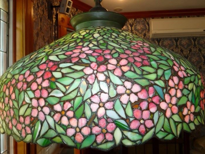 Tiffany stained glass lamp shade with early Tiffany Studios New York tag!