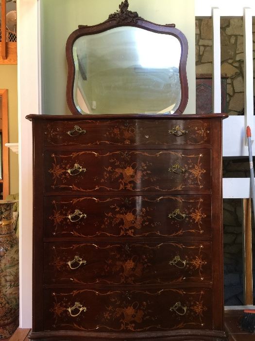 Mother of pearl inlaid dresser with beveled mirror