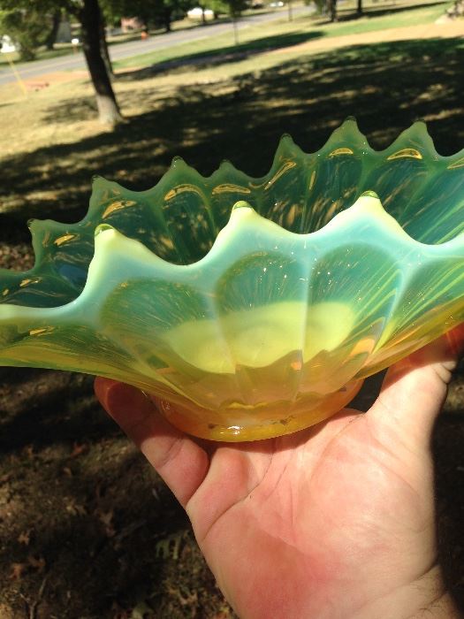 Vaseline glass bowl, hard to capture the true color