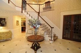 Regency style inlaid center table with gilt accents, 39" diameter