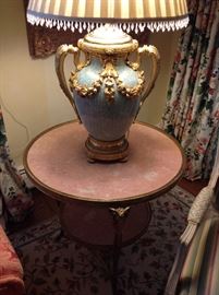 One of a pair of antique Fine French dore bronze and Chinese celadon crackle vases mounted as lamps; one of a pair of French Empire style rose marble and gilt bronze gueridon tables