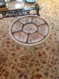 Stark floral needlepoint carpet 13 1/2' X 15 1/2', antique painted occasional table with sectioned Chinese enamel top