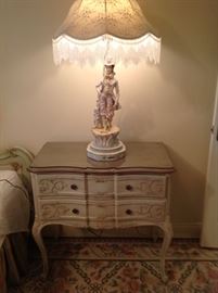 French style painted chest, one of a pair of mid 20thc bisque figural lamps