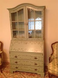 Painted secretary desk and pair of bergere chairs