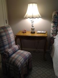 Painted flat top desk, plaid slipper chair