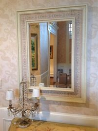 Painted mirror with tapestry border, single table sconce